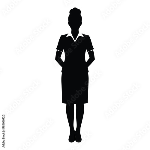 Full length silhouette of a formally dressed woman with her hands behind her back showcasing