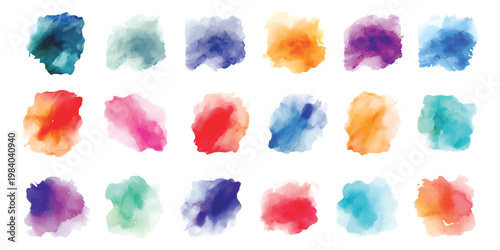 A collection of eighteen colorful watercolor splash stains arranged in a clean grid formation.