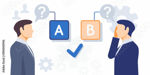 Two men contemplate a multiple choice question with options a and b