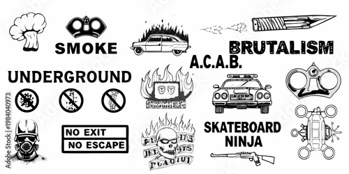 Collection of black and white punk and counterculture imagery and text
