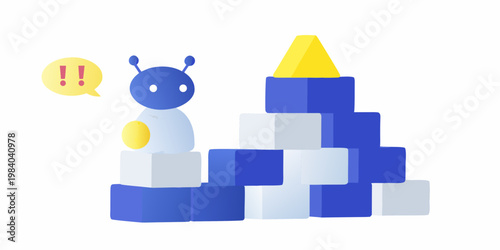 A blue robot character stands beside a tower of colorful building blocks