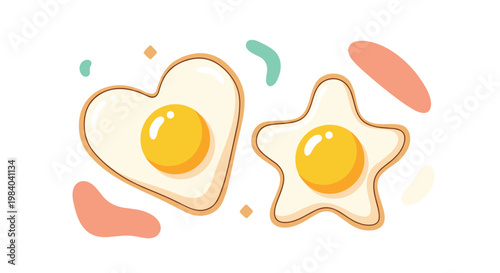 Two fried eggs in heart and star shapes are decorated with colorful abstract sprinkles and shapes in a cheerful and artistic food art.