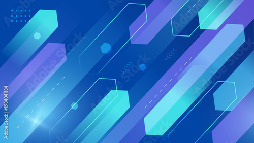 Professional blue technology background with glowing hexagon shapes and diagonal motion graphic elements