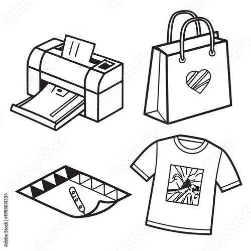 A set of four black and white line art illustrations depicting a printer, shopping bag, envelope with a letter, and a t-shirt with a graphic design.