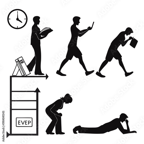 A vector graphic illustration of a man's daily routine and fitness journey in silhouette