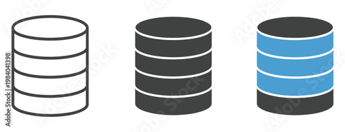 Database icons representing different data storage, modern vector icon set, structured server and disk storage symbols, minimal flat design for cloud computing, IT infrastructure, and data management 