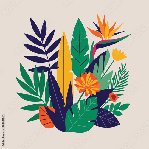 Tropical colorful bird of paradise plant.