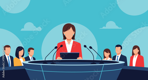 Professional woman delivering a speech at a press conference while being observed by a diverse group of business people standing behind her.