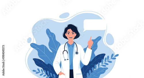 Professional female doctor in a white coat and stethoscope pointing upwards while giving medical advice or health information to patients.