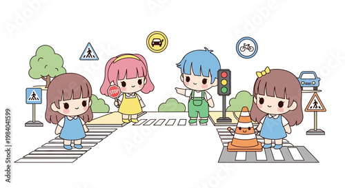 Cartoon children crossing street together.