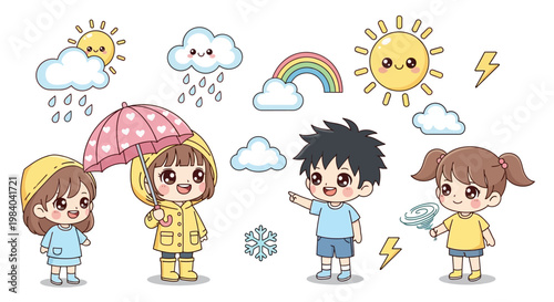 Children playing in rain weather outdoors.