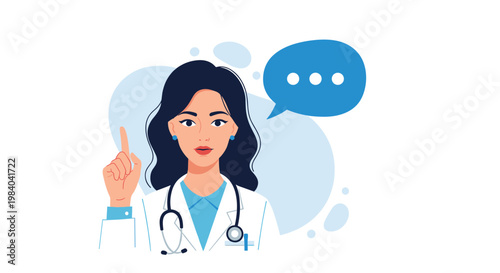 Portrait of a female doctor in a white coat with a blue speech bubble containing three dots representing professional medical consultation.