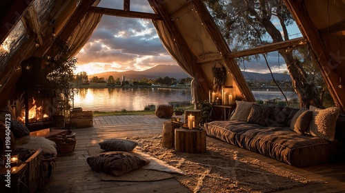 Hotel rural con vistas panorámicas a precioso lago al atardecer, chimenea de leña acogedora en interior de glamping de lujo, y tienda de campaña elegante iluminada por luz dorada del amanecer. 