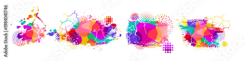 Set Colored paint blobs with cracks, dots and halftone. Hand drawn. Not AI, vector illustration.