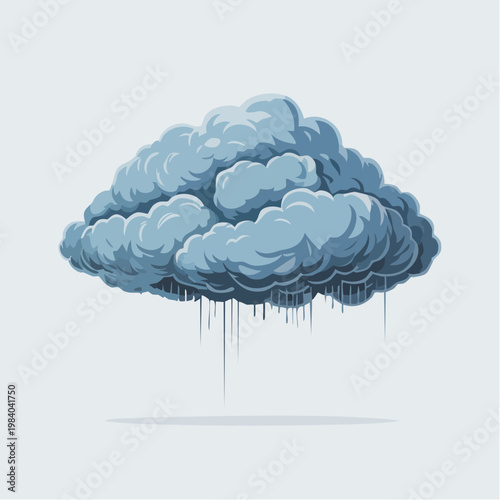 A large grey cloud with rain falling from it floats in the sky on a stormy day with a gloomy weather forecast.