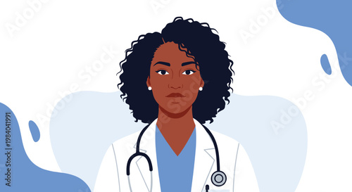 Serious portrait of a black female doctor with curly hair wearing a white coat and a stethoscope against a blue abstract background.