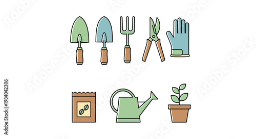 Gardening tools and plant icons.