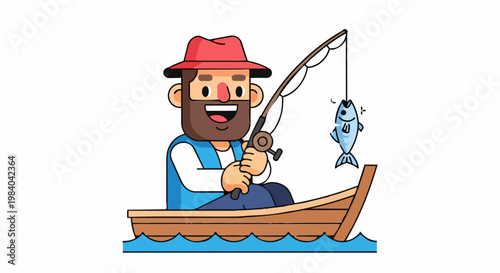 A cartoon character illustration of a fisherman catching fish while lake fishing as a hobby and recreation outdoor activity.