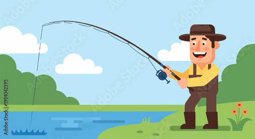 A cartoon character angler fisherman catches fish on a lake fishing hobby recreation outdoor activity.