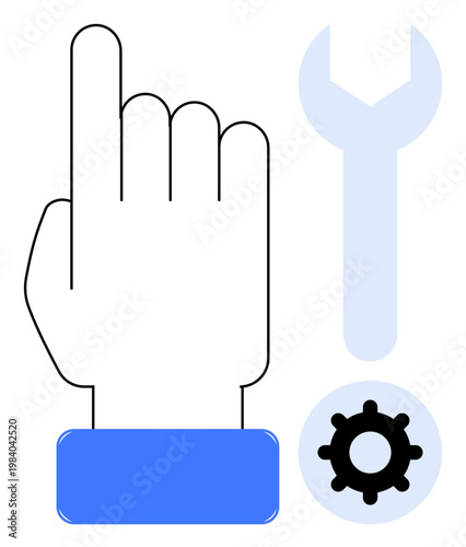 Settings concept. A hand pointing with wrench and gear focusing on settings and system customization. Useful for settings, system repairs, maintenance, user tools, and customization