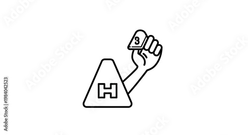 Hand holding hazard warning sign.