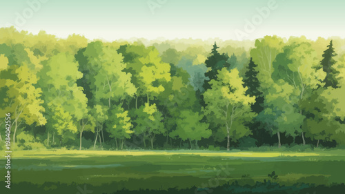 A serene landscape painting depicting a lush green forest and meadow.