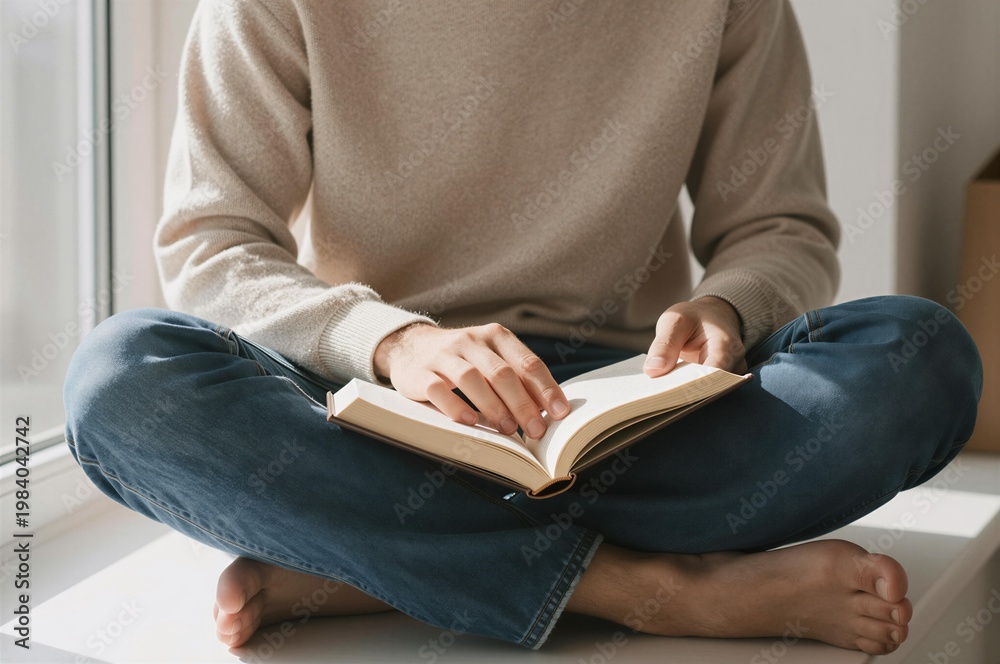 Obraz premium A person wearing a beige sweater and blue jeans sits cross-legged on a windowsill, reading an open book with sunlight illuminating their hands and legs.