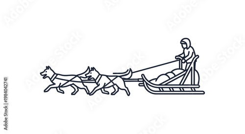 Man riding sled pulled by dogs.