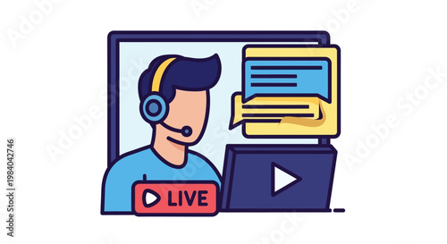 Man wearing headset with live stream.