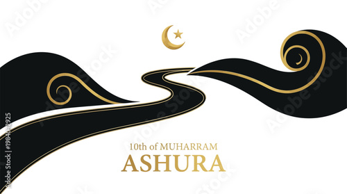 Stylized graphic commemorating the 10th of Muharram, Ashura, featuring flowing black and gold abstract shapes with a crescent moon and star symbol.