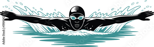 Swimmer female front view, butterfly stroke motion, clean vector illustration of athletic performance in water, emphasizing power, endurance, and fluid movement, ideal for swimming clubs, 