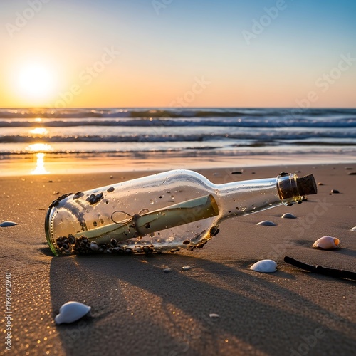 Message in a bottle on a sandy beach at sunset.