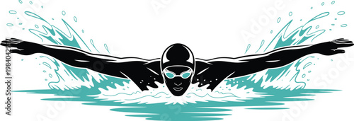 Swimmer female front view, butterfly swim stroke illustration, dynamic aquatic sports vector showing synchronized arm movement and body alignment, representing strength, rhythm