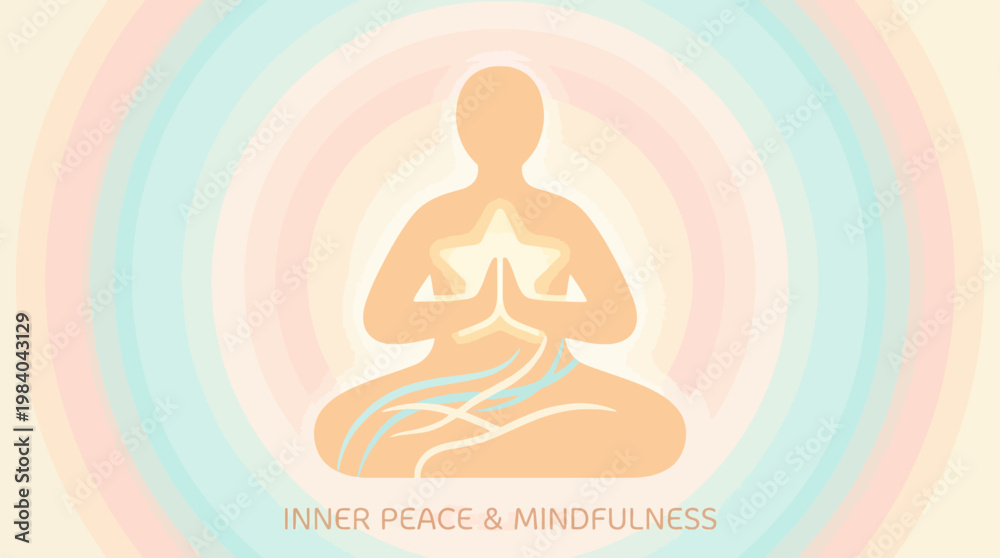 Obraz premium Stylized illustration of a person meditating in a lotus position, emanating inner peace and mindfulness, with a glowing star and flowing energy against soft, concentric pastel circles.