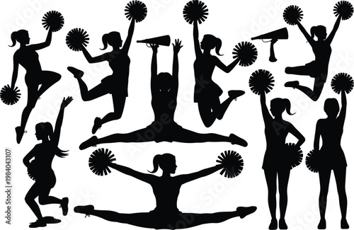 Cheerleader silhouettes collection, dynamic dance poses with pom poms for sport performance illustration
