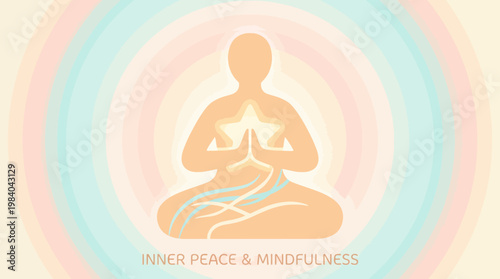 Stylized illustration of a person meditating in a lotus position, emanating inner peace and mindfulness, with a glowing star and flowing energy against soft, concentric pastel circles.