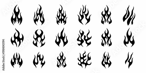 Collection of stylized black tribal flame designs arranged in a grid