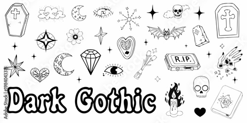 A collection of hand drawn gothic and spooky halloween themed doodles