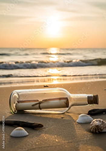 Message in a Bottle on the Beach at Sunset.