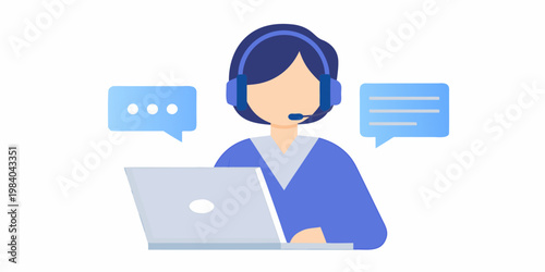 Customer support representative working with a laptop and headset