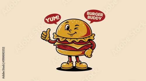 Retro cartoon burger character winking and giving a thumbs-up with speech bubbles saying 'YUM!' and 'BURGER BUDDY' on a light background.
