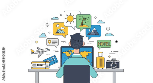Travel planning online: Person planning vacation on laptop with travel icons and destinations