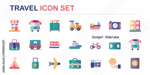 Colorful travel icon set depicting various modes of transportation and landmarks