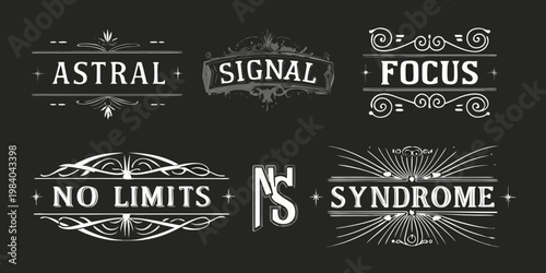 Collection of ornate white typographic designs on a black background