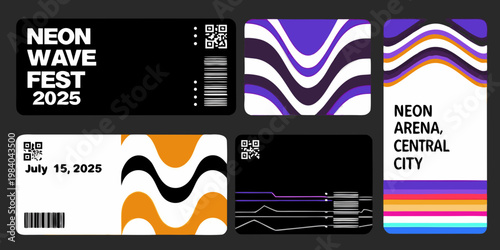 Neon wave festival branding and event ticket design elements collage