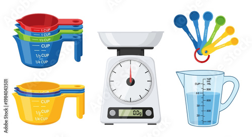 Kitchen measuring tools: cups, spoons, and scale for baking and cooking