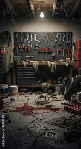 Messy Garage Workshop with Tools and Equipment.