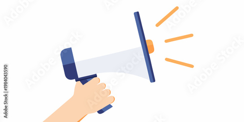 Illustration of a hand holding a blue and white megaphone broadcasting sound