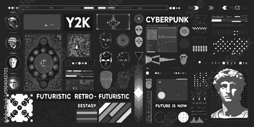Cyberpunk aesthetic collage featuring portraits geometric shapes and text
