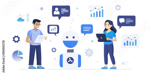 Collaboration between humans robots and data analytics visualized in illustration